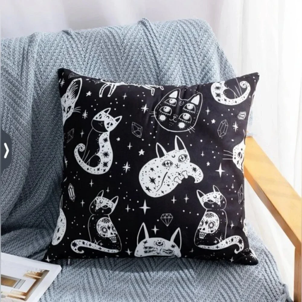 Pillow Cover Celestial Cat Moon Stars Black White Large Square 17.7 in